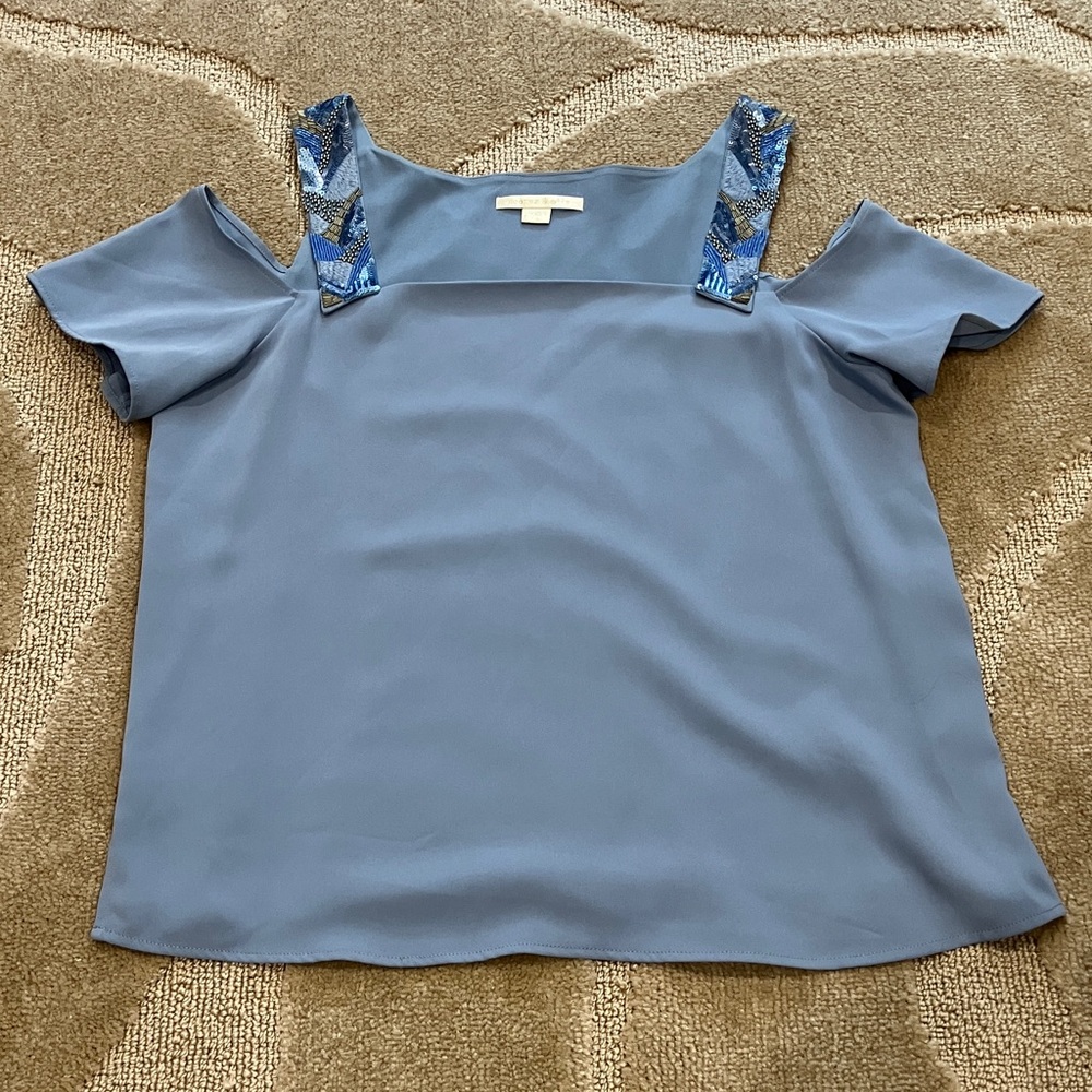 Cooper & Ella Slate Blue Embellished Cold Shoulder Blouse size large